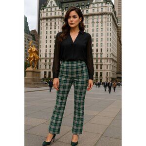 7th Avenue Large Houndstooth Plaid Pants Green Black Stretch Flare Work Trousers